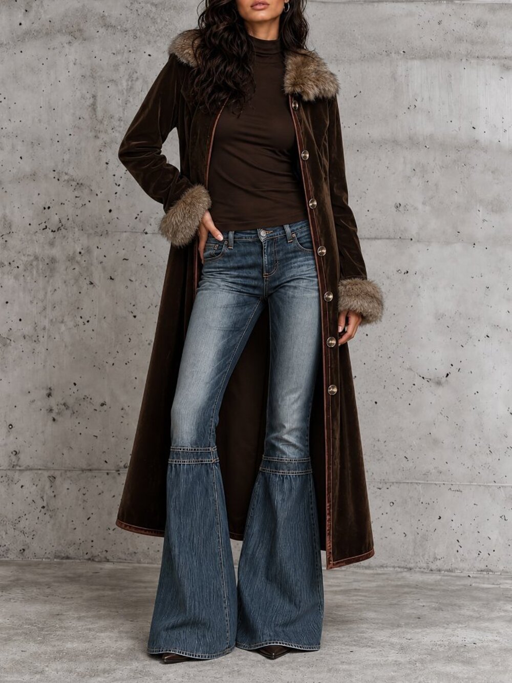 Coffee Brown Women's Elegant Faux Suede Long Regular Fit Coat - Picture 4 of 6